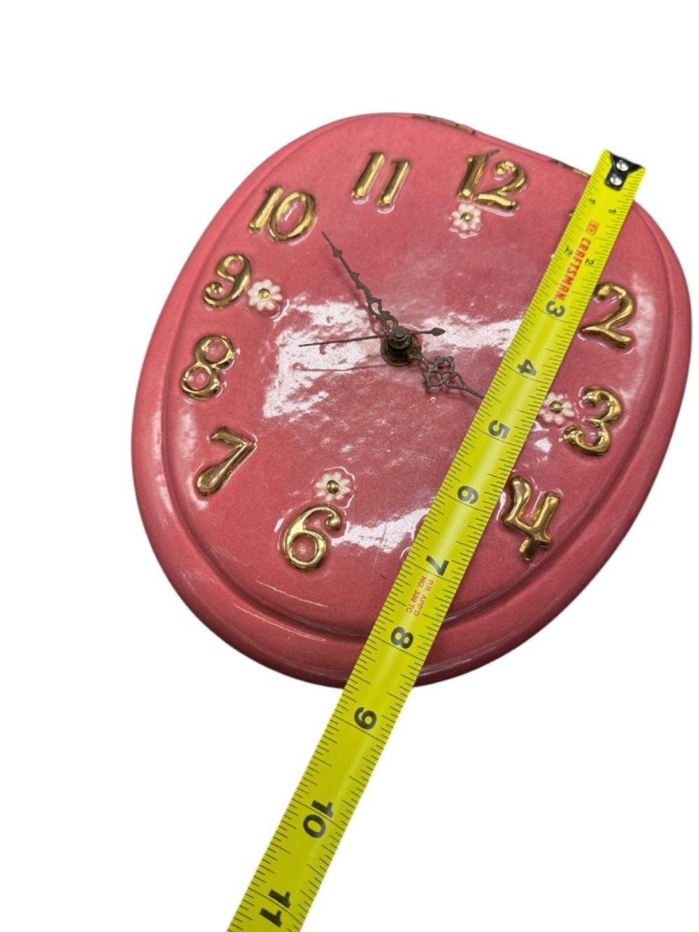 Vintage Pink Ceramic Wall Clock Gold Numbers Floral Retro Kitsch Quartz Works - Picture 6 of 9
